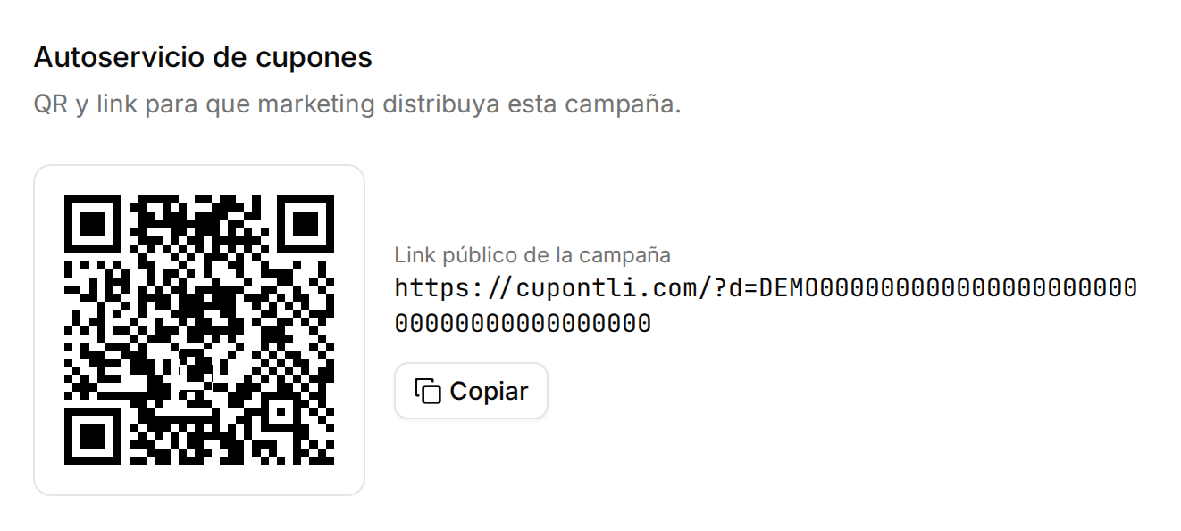 Cupontli genera el QR y el link público de la campaña, listos para distribuir